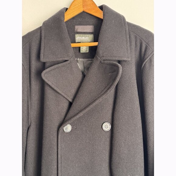 Eddie Bauer Peacoat Mens LT Tall Wool Blend Double Breasted Black Classic Prep - Picture 5 of 8